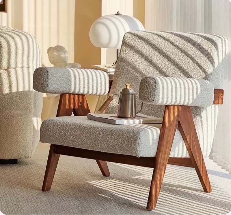 Gray Boucl&eacute; Upholstered Lounge Armchair with Walnut-Finished Wood Frame