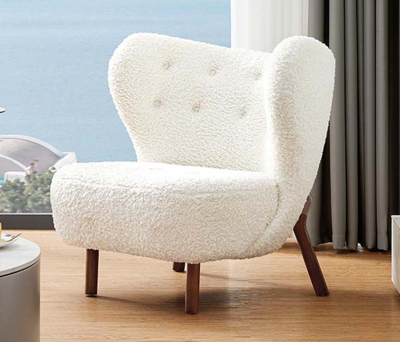 Ivory Boucle Wingback Accent Lounge Chair with Walnut Legs