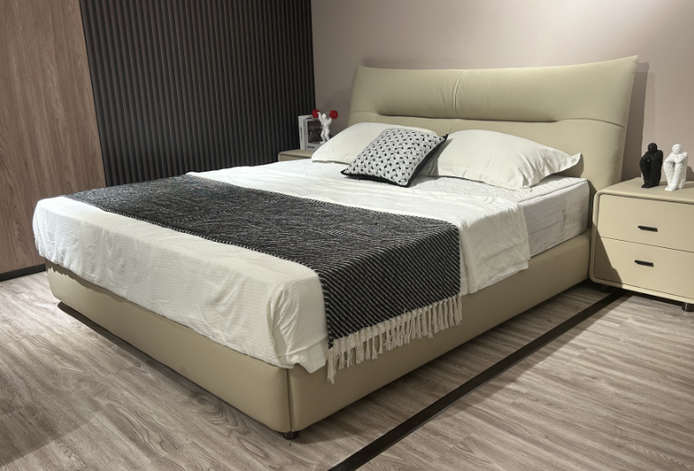 Beige Upholstered Low-Profile Platform Bed with Padded Headboard