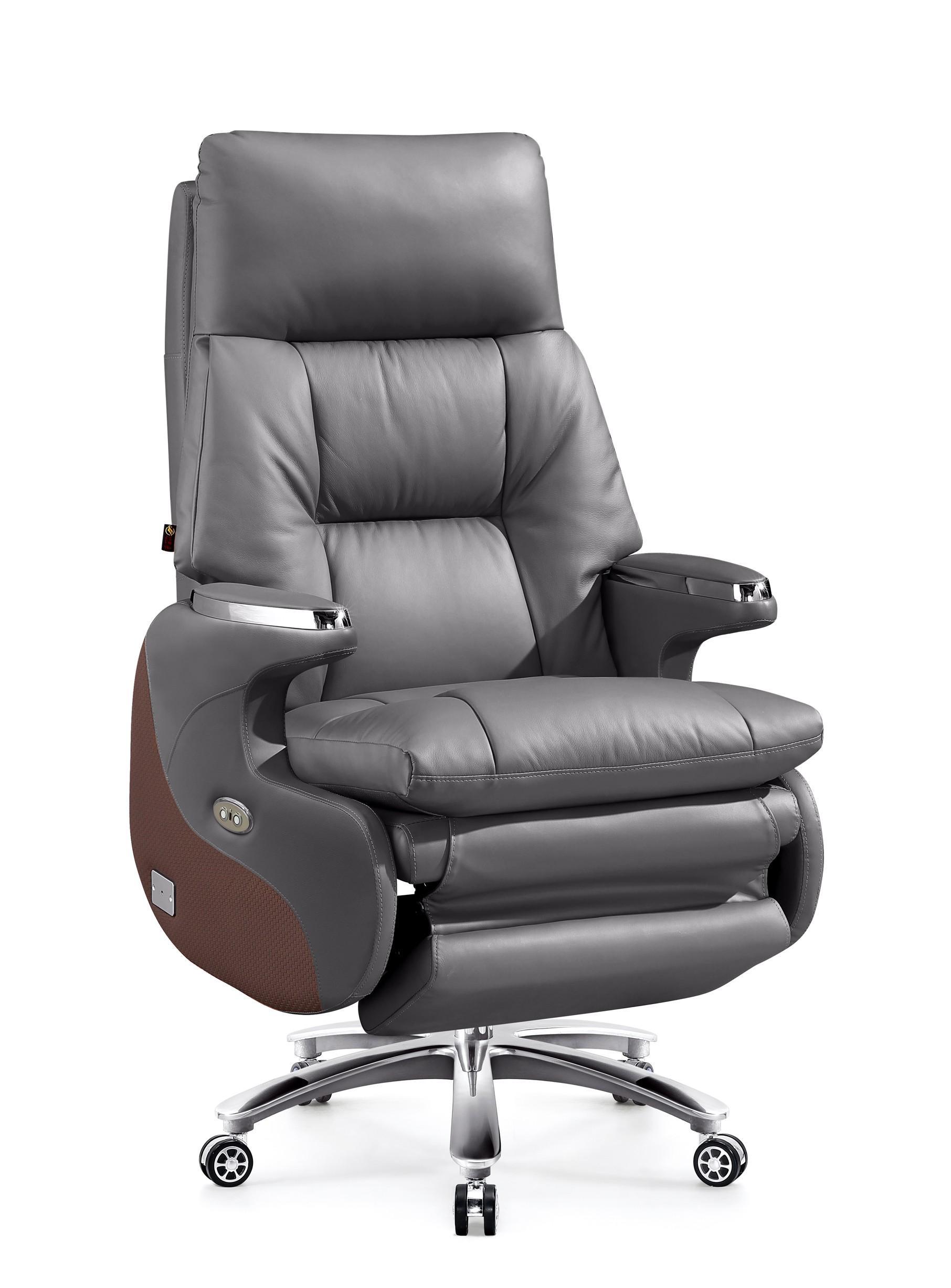 Gray Leather Executive Reclining Office Chair with Chrome Base