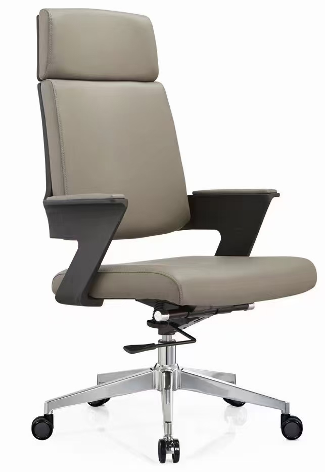 High-Back Leather Executive Swivel Chair with Integrated Headrest and Polished Aluminum Base