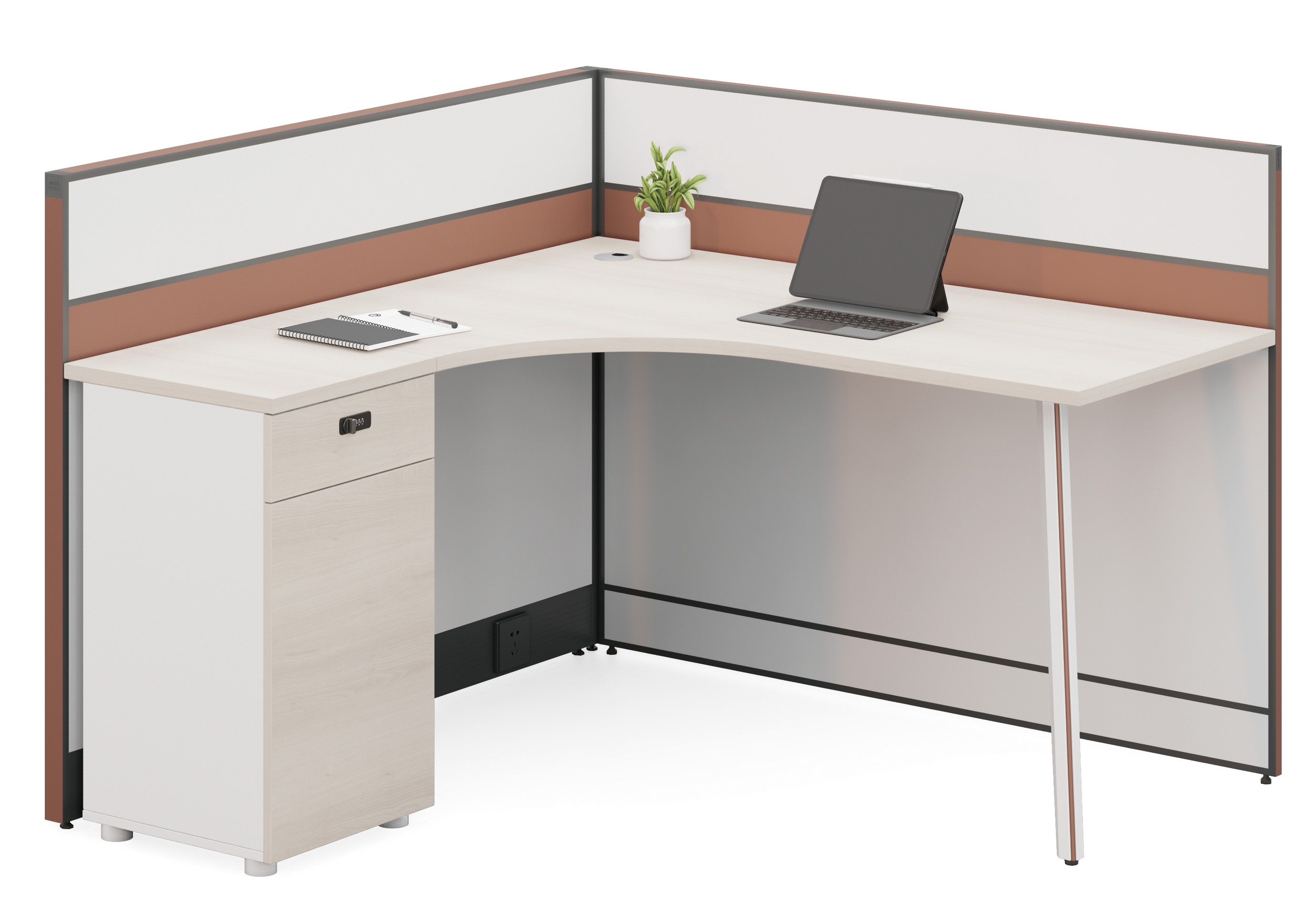 Single-Seat Curved Workstation with L-Shaped Divider Screen and Left Pedestal