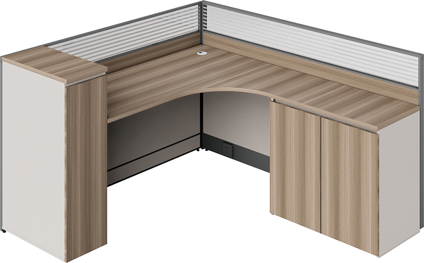 L-Shaped Panel Workstation with Integrated Storage Pedestals and Privacy Screens