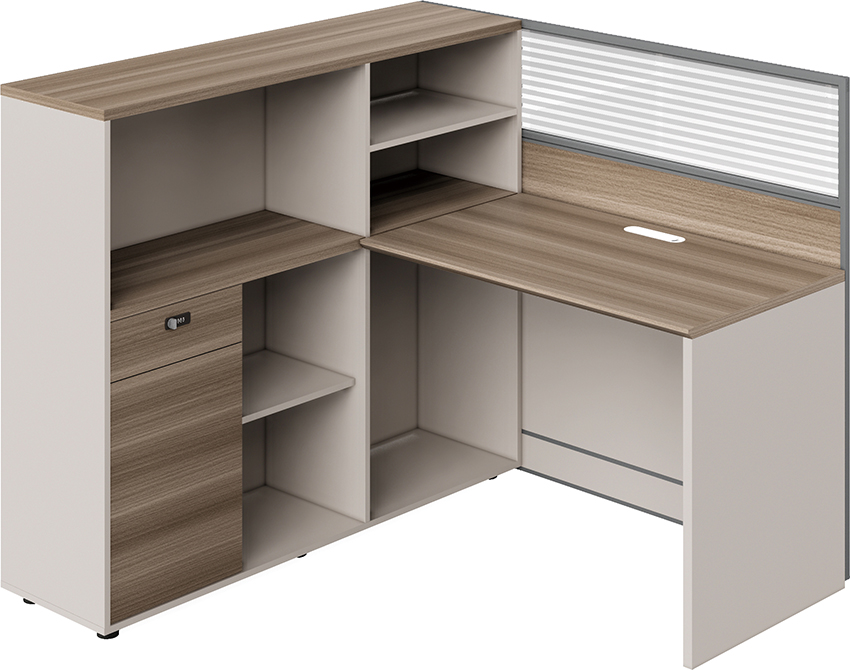 Single-Person L-Shaped Cubicle Workstation with Integrated Storage Hutch