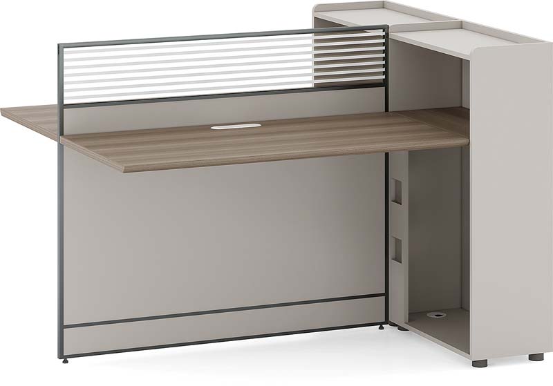 L-Shaped Reception Desk with Slatted Privacy Screen and Side Cabinet