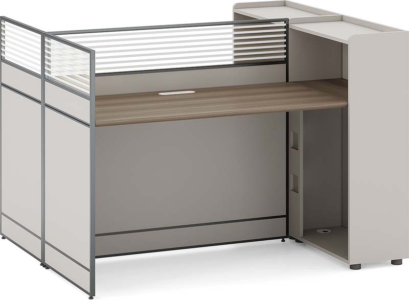 L-Shaped Reception Desk with Privacy Screen and Right Storage Tower