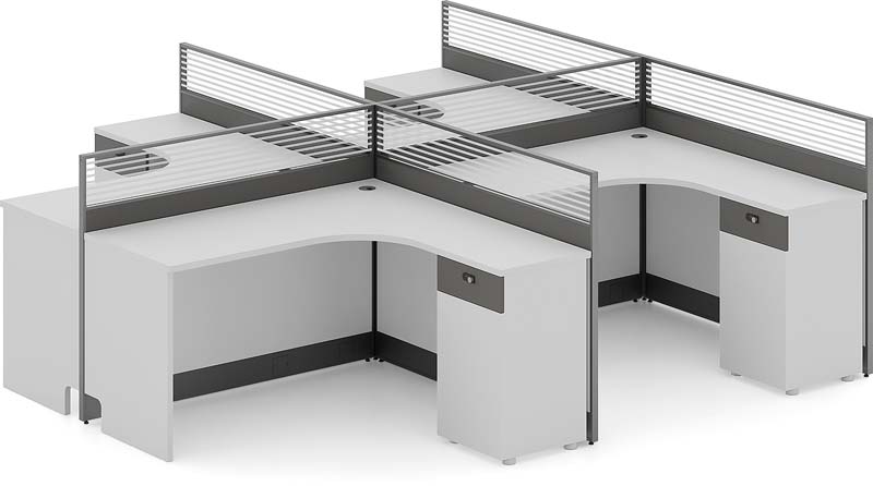 Four-Person Cross-Shaped Cubicle Workstation with Curved Desks and Pedestals