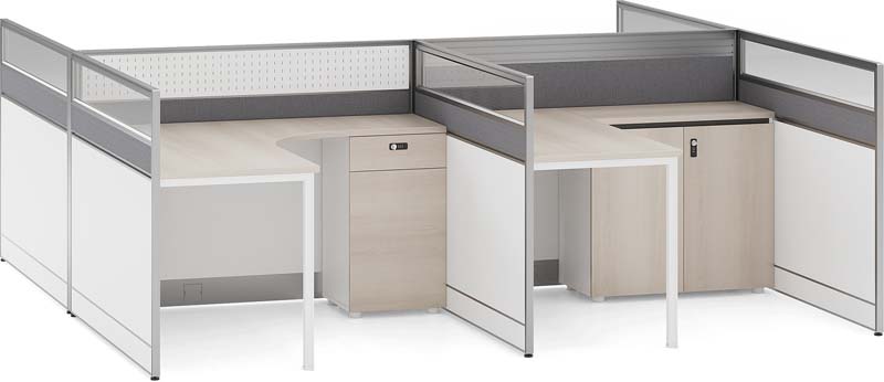 Two-Person F-Shaped Panel Workstation with Integrated Locking Storage