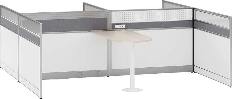 Modular Glass and Fabric Office Cubicle Partition with Attached Round Meeting Table