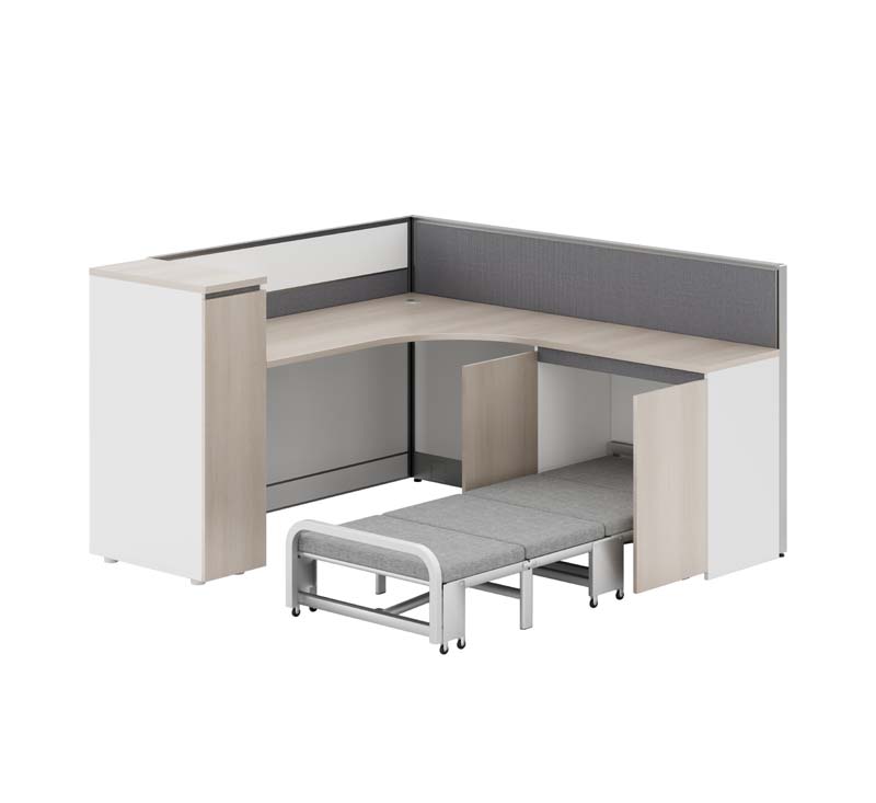 L-Shaped Workstation Desk with Privacy Panels and Foldaway Guest Bed