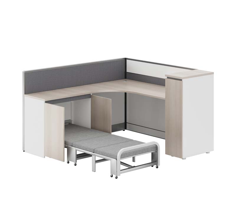 L-Shaped Panel Workstation with Integrated Fold-Out Guest Bed and Side Storage