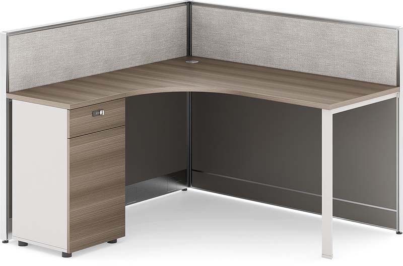 L-Shaped Fabric-Screen Workstation with Curved Worksurface and Fixed Pedestal