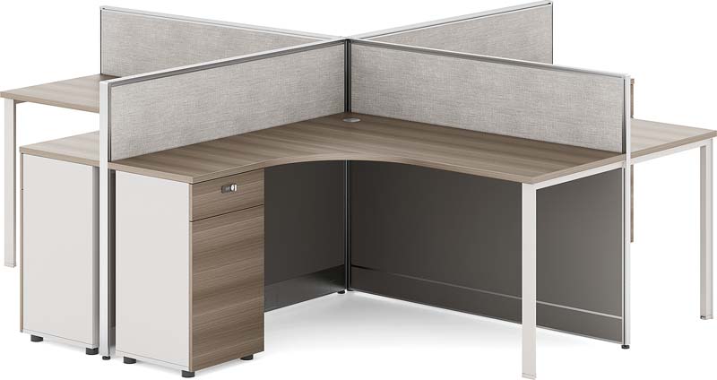 Four-Person Cross-Plan Curved Office Cubicle Workstation with Pedestals