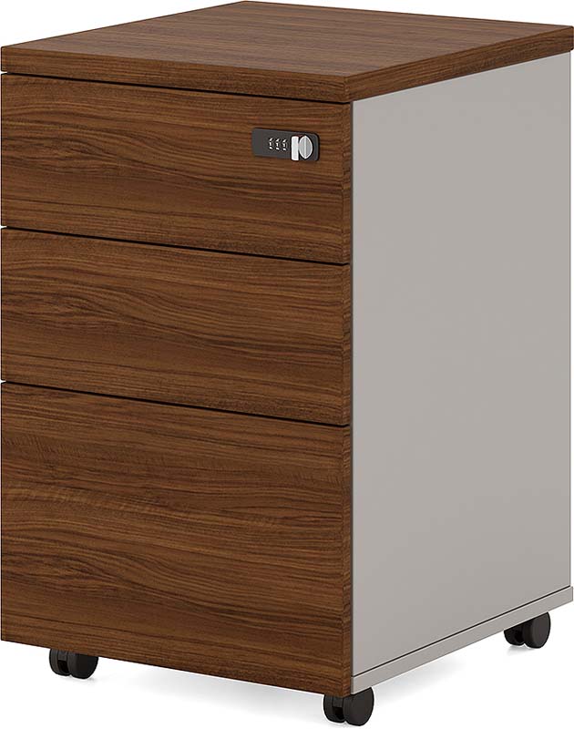 Walnut and Gray Mobile Three-Drawer Locking File Pedestal