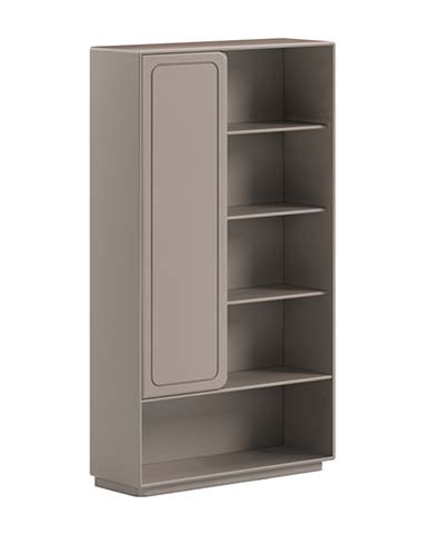 Tall Taupe Sliding-Door Storage Cabinet with Open Shelves