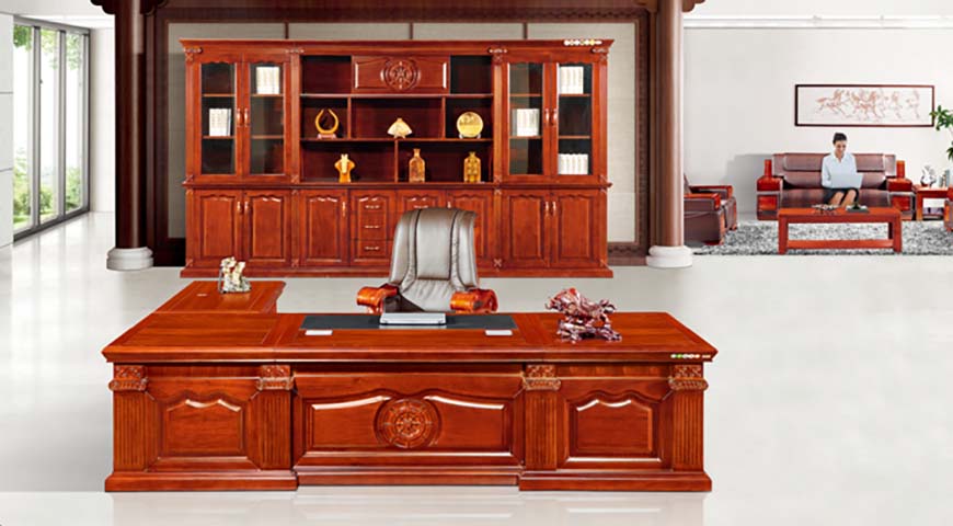 Traditional Solid Wood Veneer L-Shaped Executive Desk with Matching Wall Cabinet