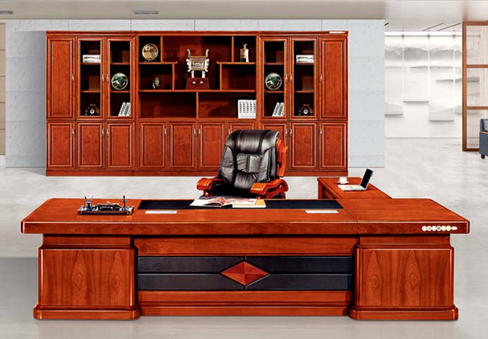 Traditional Red-Brown Wood Veneer Executive Desk with Matching Wall Bookcase