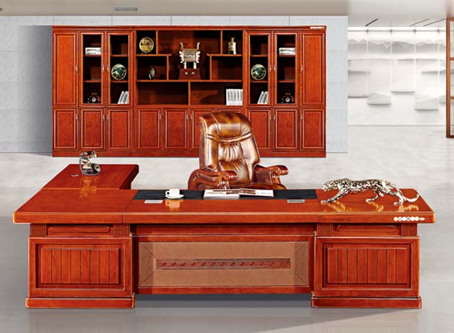 Traditional Glossy Wood-Grain L-Shaped Executive Desk with Matching Storage Wall