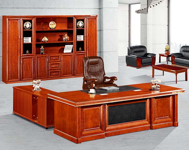 Traditional Glossy Wood Veneer L-Shaped Executive Desk with Left Return