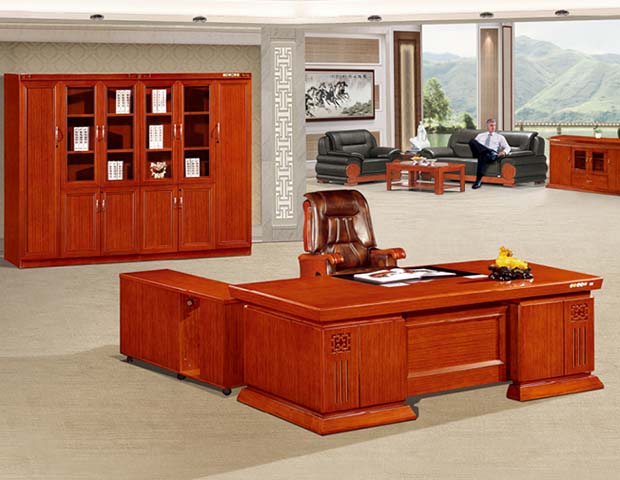 Traditional Reddish Brown L-Shaped Executive Desk with Left Return Cabinet