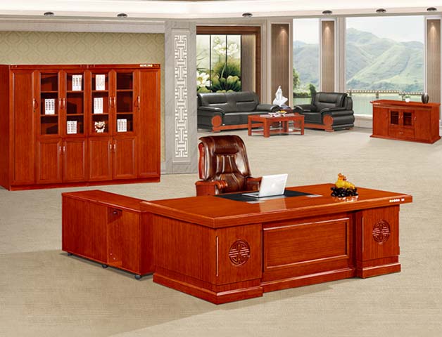 Traditional Glossy Wood-Grain L-Shaped Executive Desk with Left Return Cabinet