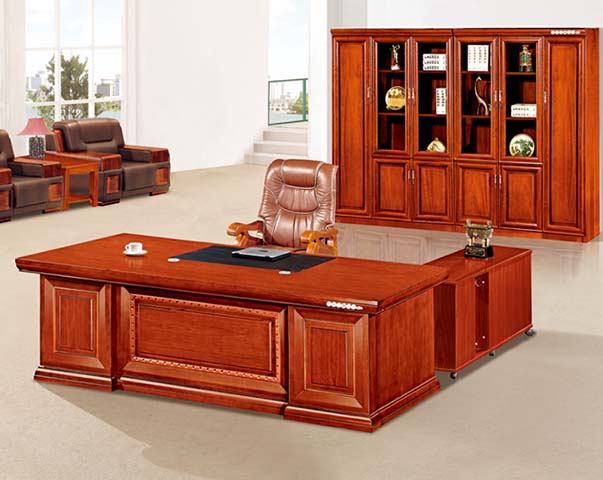 Traditional Reddish-Brown Wooden L-Shaped Executive Desk with Right Return Cabinet