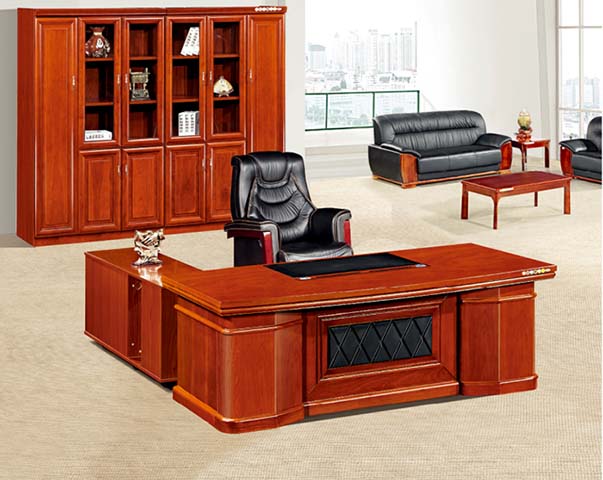 Traditional Wood Veneer L-Shaped Executive Desk with Panel Base Storage