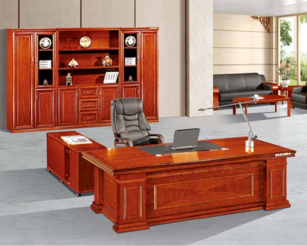 Traditional Redwood Veneer L-Shaped Executive Desk with Mobile Left Return