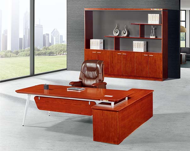 Glossy Red-Brown L-Shaped Executive Desk with Right Storage Return