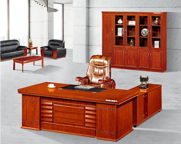 Traditional Red-Brown L-Shaped Solid Wood Executive Desk with Integrated Side Storage