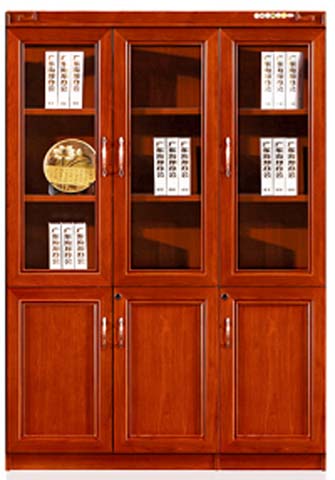 Reddish Brown Wooden 3-Column Office Bookcase with Upper Glass Doors and Lockable Lower Solid Doors