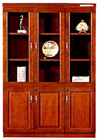 3-Bay Walnut Finish Office Bookcase with Upper Glass Doors and Lower Solid Doors