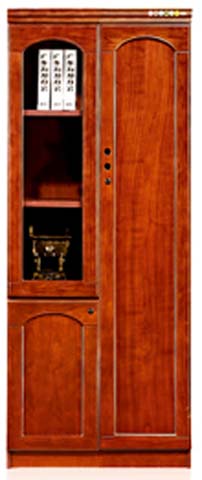 Reddish Brown Arched Panel Wooden Office Filing Storage Cabinet with Left Open Display Shelves and Right Locking Full-Height Door