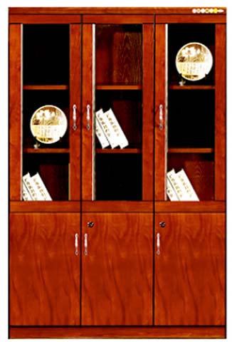 3-Bay Floor-Standing Wooden Office Bookcase with Upper Glass Doors and Lockable Lower Storage