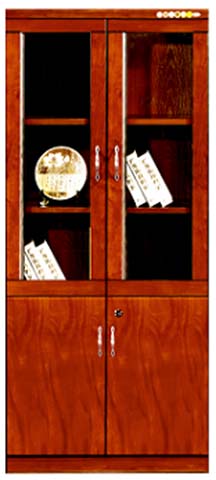 Red-Brown 2-Over-2 Door Office Bookcase With Upper Glass Doors, Lower Lockable Solid Doors