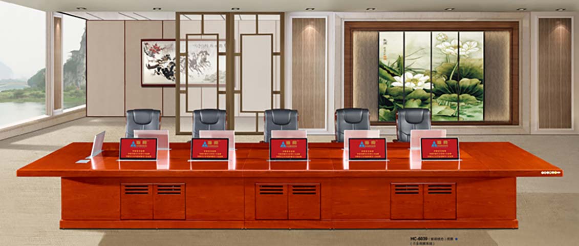 10-Seat Lacquered Wood Veneer Smart Conference Table with Integrated Nameplate Slots