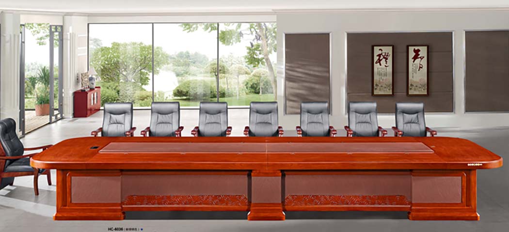 Traditional Red-Brown Veneer Boat-Shaped Boardroom Conference Table with Leather Inlay