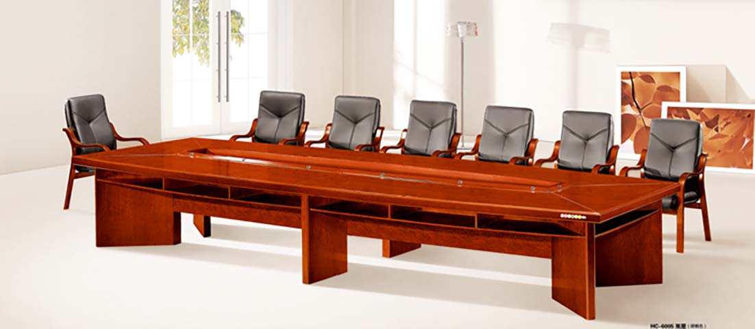 Rectangular Wood Veneer Conference Table with Central Cable Management