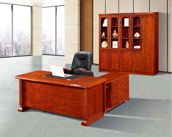 Reddish-brown Wood Veneer L-shaped Executive Office Desk with Side Return Storage