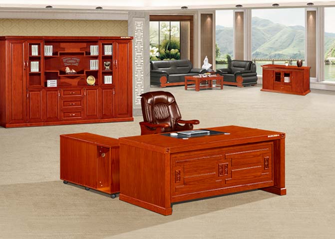 Traditional Chinese Style Carved Solid Wood Executive Desk with Mobile Side Return