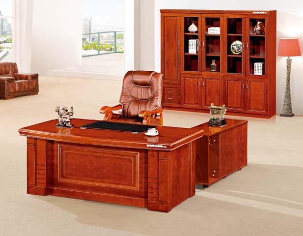 Glossy Reddish Brown L-Shaped Executive Desk with Right Side Return
