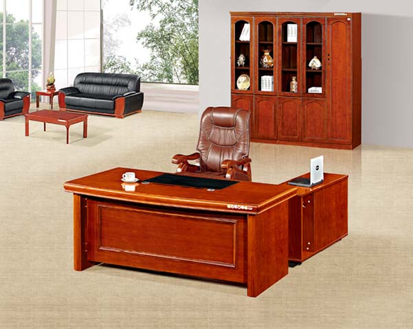 L-Shaped Traditional Solid Wood Veneer Executive Desk with Leather Inlay and Lockable Side Cabinet