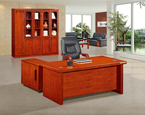 L-Shaped Traditional Red Wood Grain Executive Desk with Left Side Return Cabinet