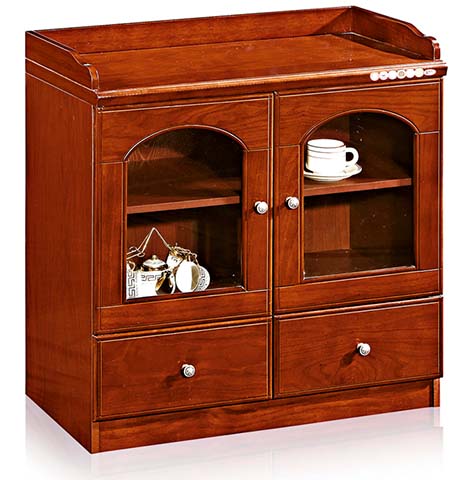 Traditional Red Brown Wood Office Tea Storage Cabinet with Arched Glass Doors and Drawers