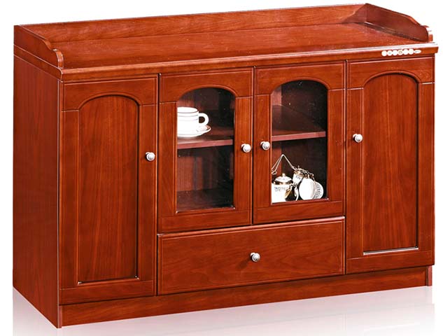 Traditional Red Wood Veneer 4-Door Office Tea Storage Sideboard with Central Drawer