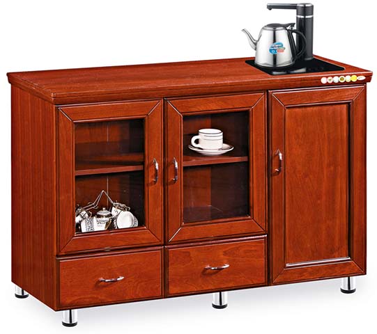 Red Wood Veneer Office Tea Cabinet with Integrated Electric Kettle Station
