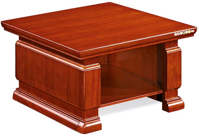 Glossy Red Mahogany Executive Office Square Coffee Table with Lower Shelf and Top Control Buttons