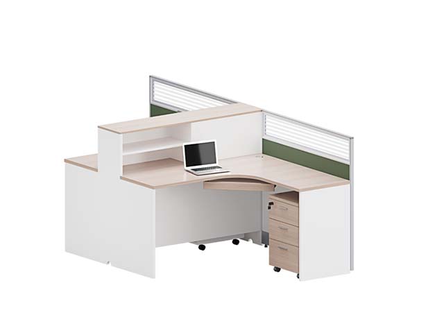 Single-Person L-Shaped Cubicle Office Workstation with Keyboard Tray, Overhead Shelf and Mobile Pedestal