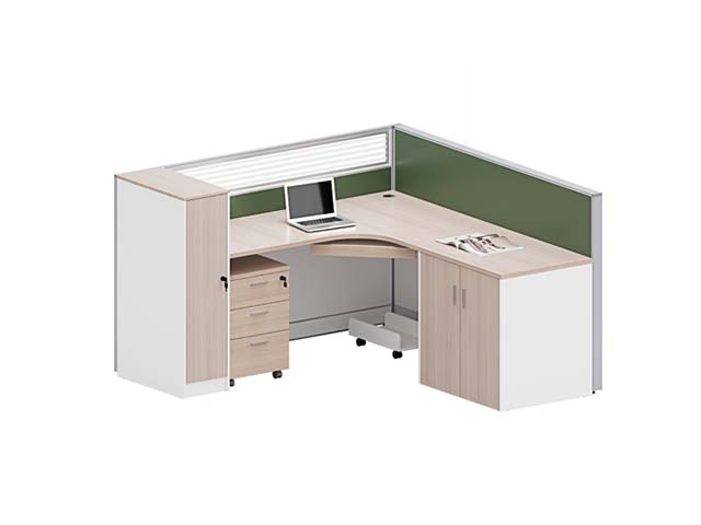 L-Shaped Single Office Cubicle Workstation with Storage, Keyboard Tray and Privacy Partitions