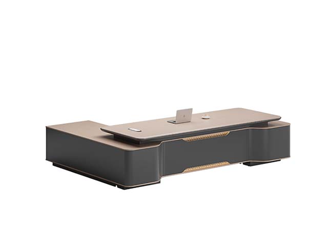 Two-Tone L-Shaped Luxury Executive Desk with Integrated Connectivity Hub